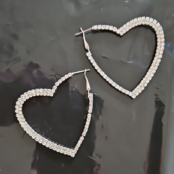 Silver Tone & Rhinestone Heart Shaped Hoop Earrings - Picture 1 of 3